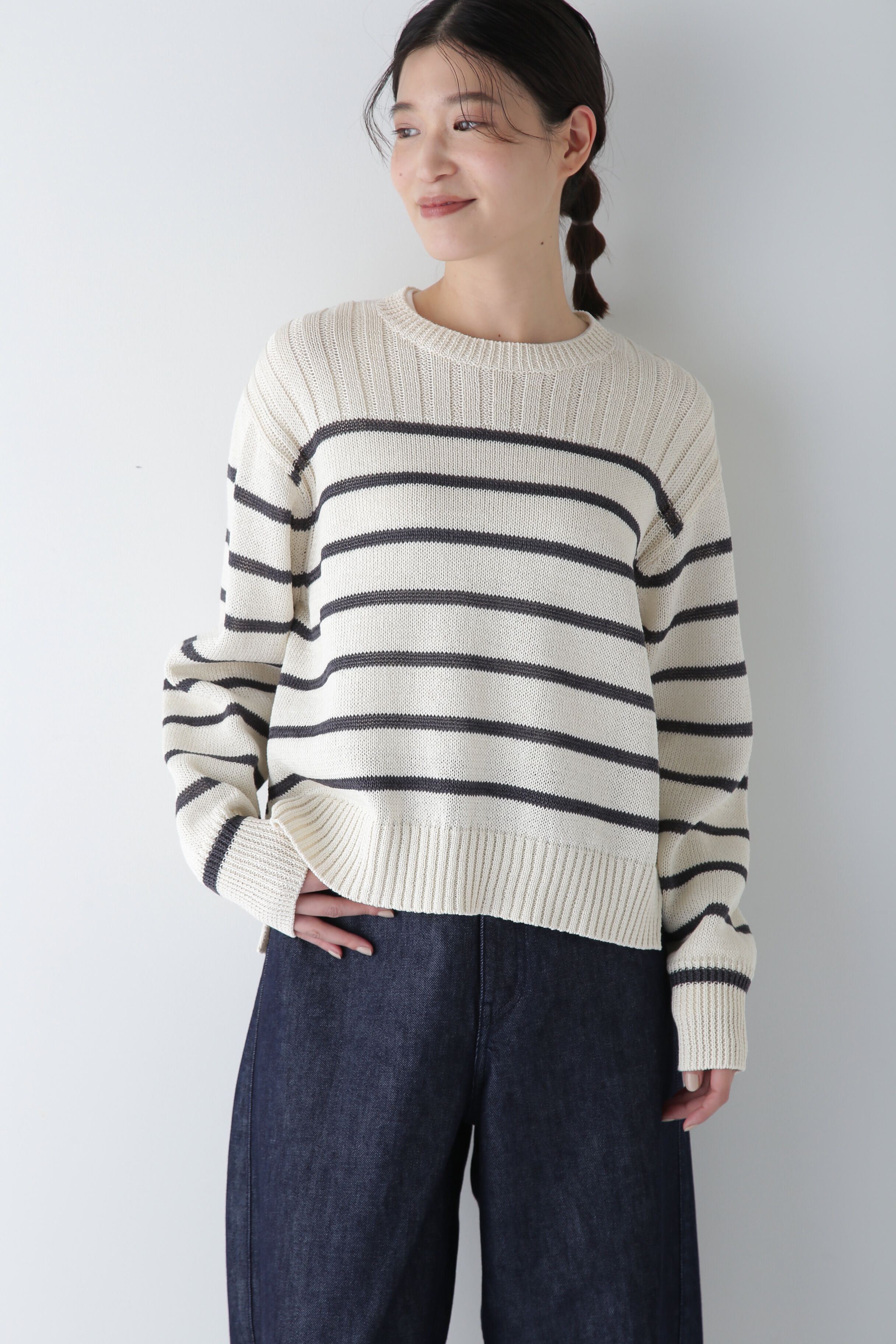  「◆【ウォッシャブル】ギマコットン編地コンビプルオーバー」|ニット・セーター|チャコール&times;  3