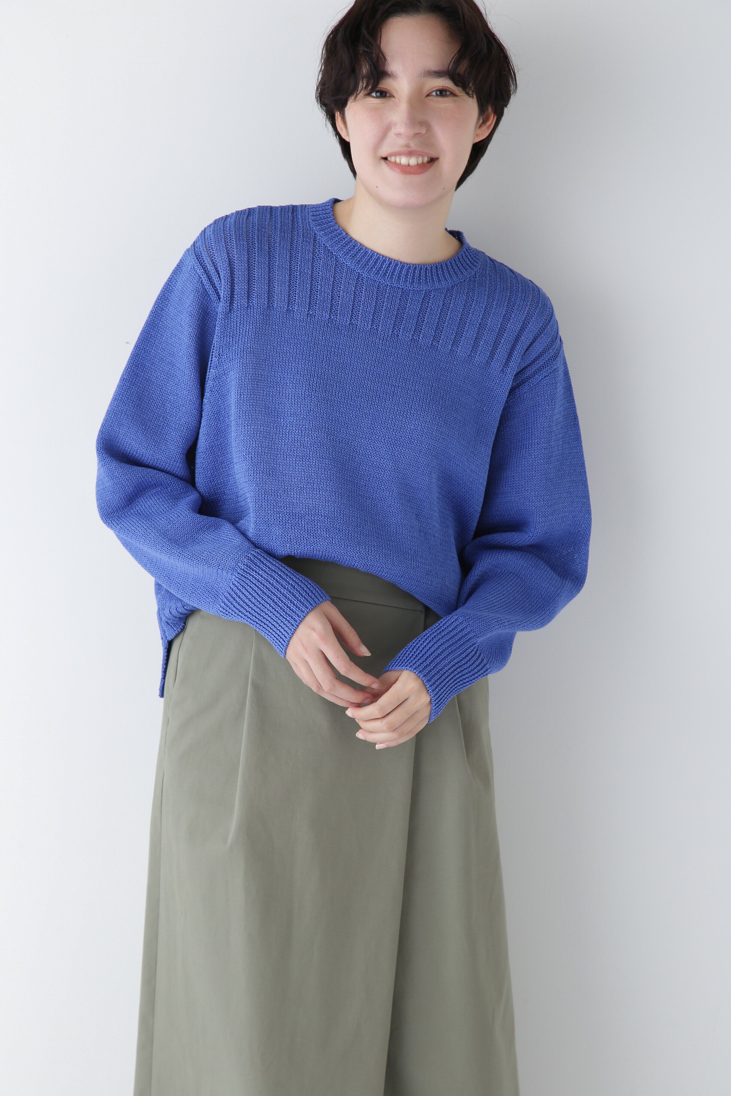  「◆【ウォッシャブル】ギマコットン編地コンビプルオーバー」|ニット・セーター|ブルー