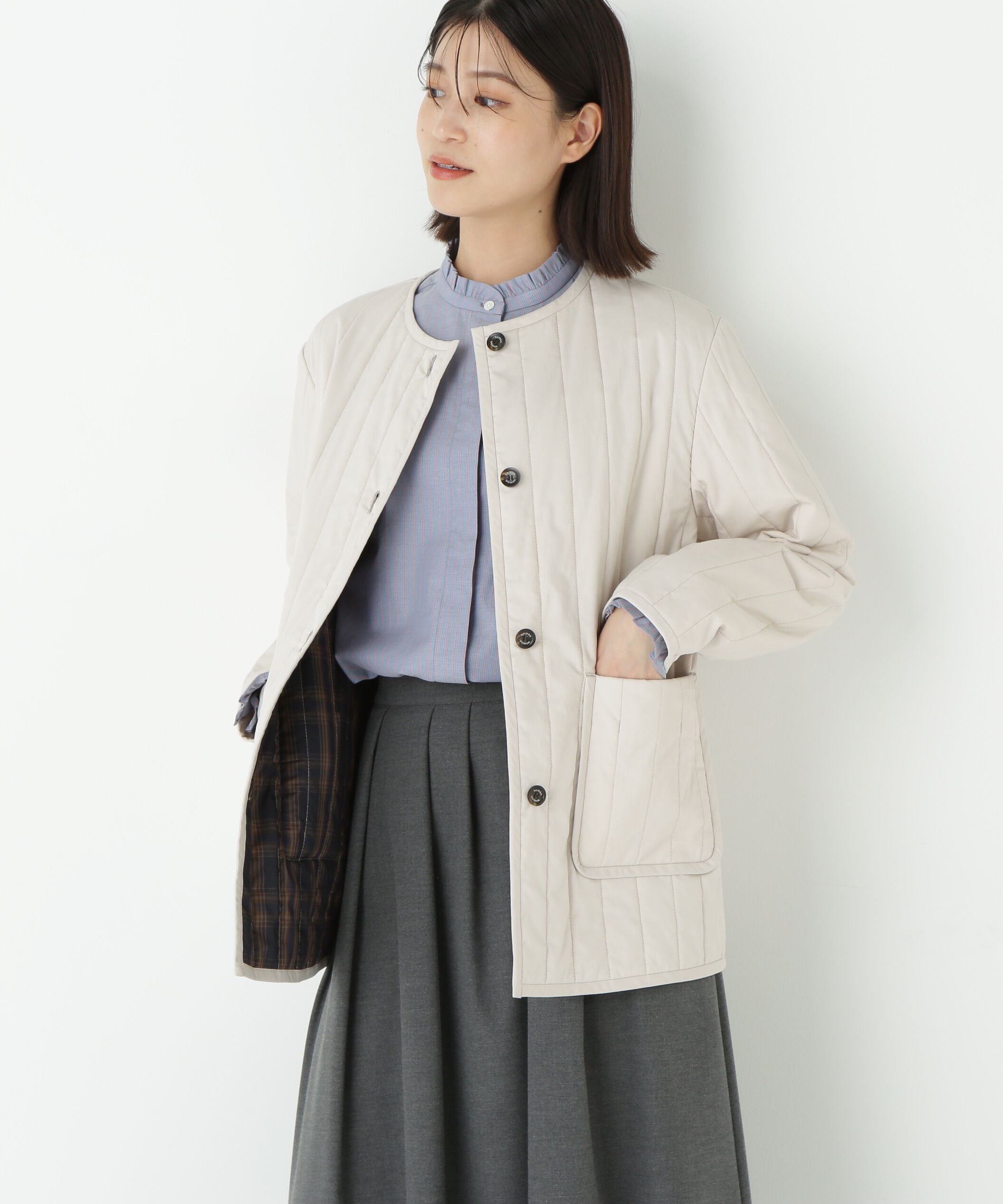  「◆バーティカルキルティングノーカラージャケット」|ブルゾン・スタジャン|ライトベージ