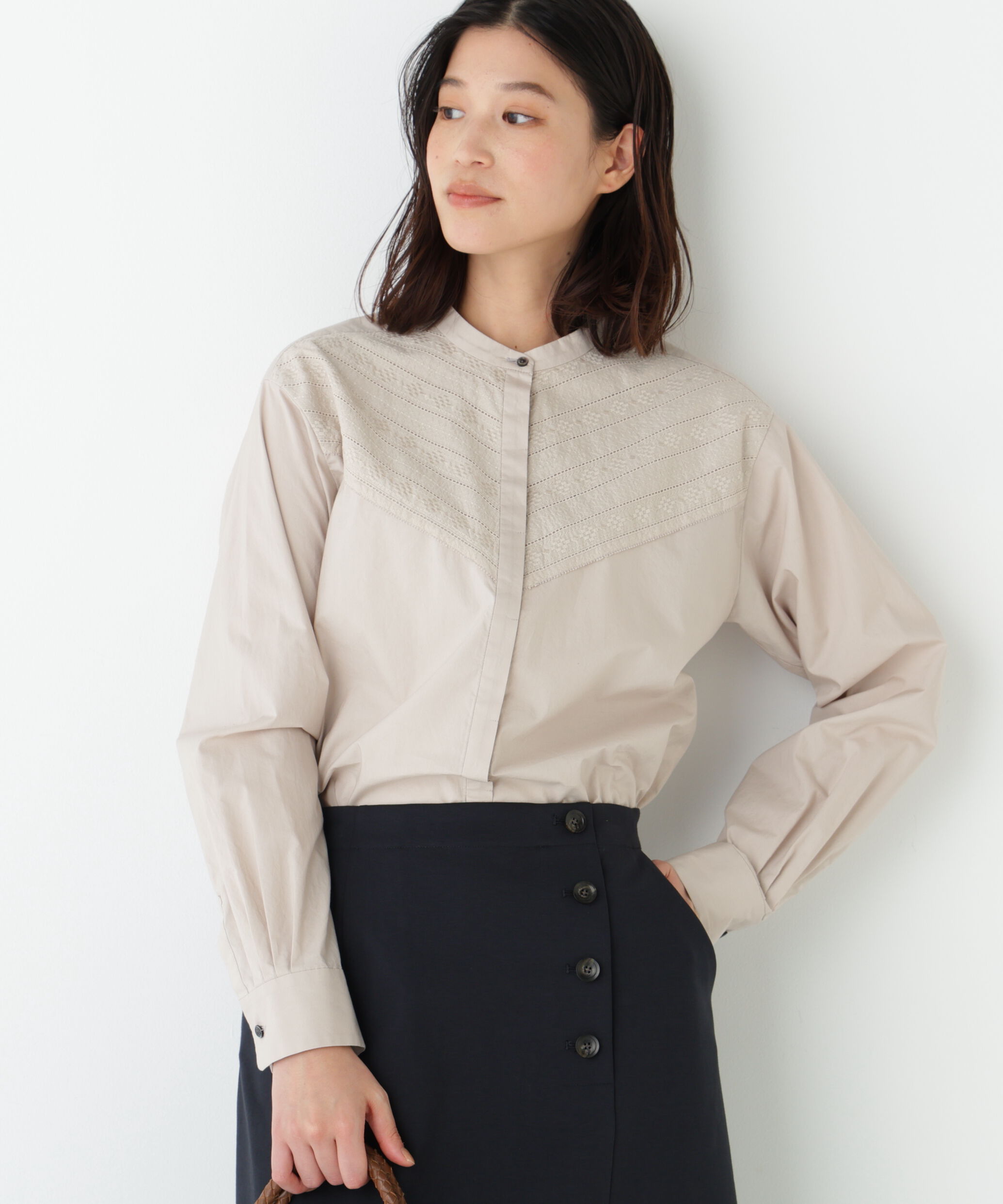  「◆《ウォッシャブル》レースドッキングバンドカラーブラウス」|シャツ・ブラウス|