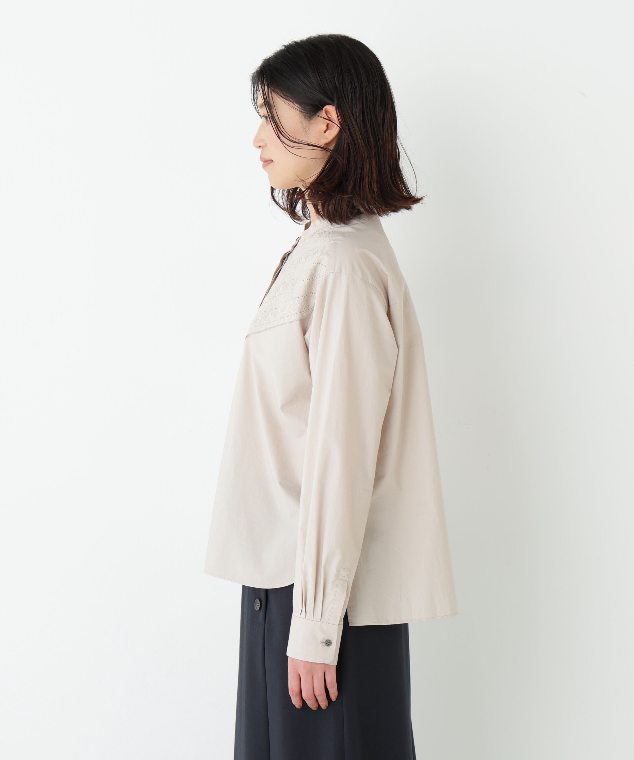  「◆《ウォッシャブル》レースドッキングバンドカラーブラウス」|シャツ・ブラウス|