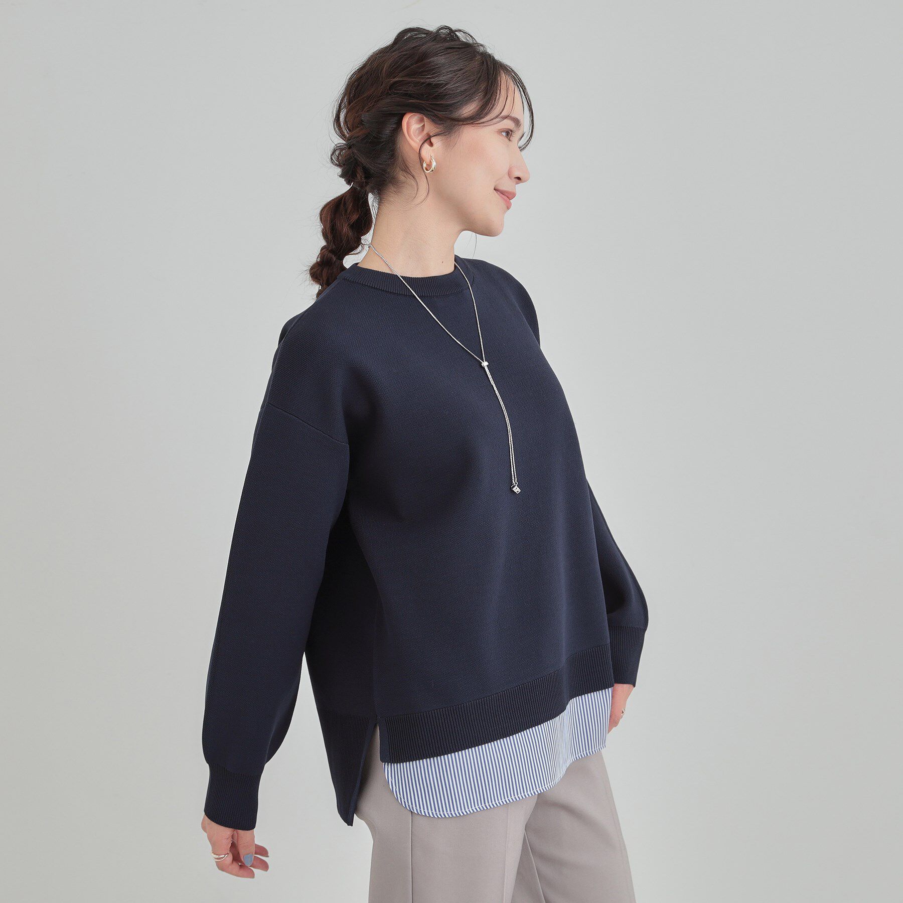 SHOO･LA･RUE「【洗濯機可/S-LL】さらに軽くなった スポンディッシュ裾フェイクトップス」|ニット・セーター|