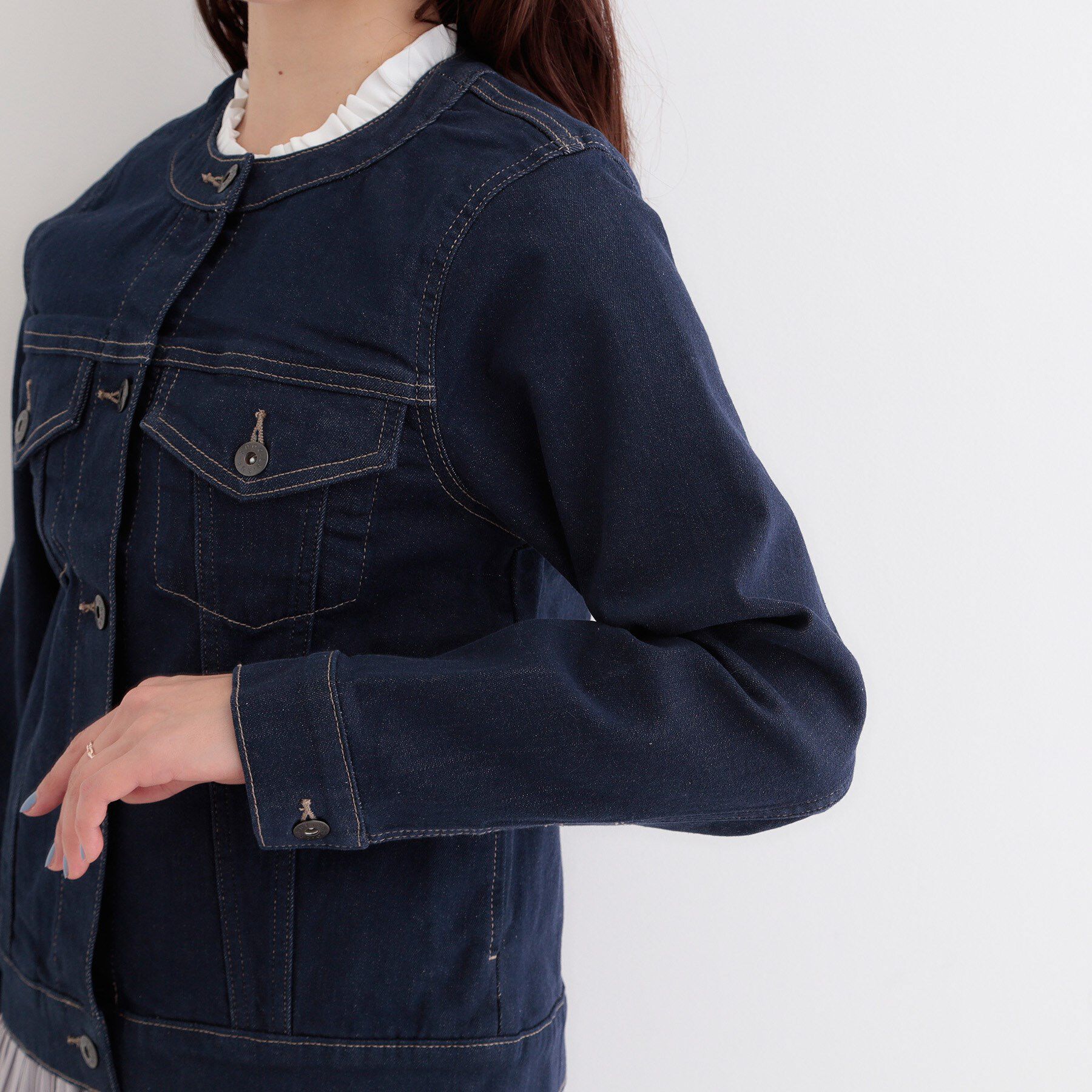SHOO･LA･RUE「【SHOO・LA・RUE DENIM/S-LL/高レビュー】大人のための ノーカラーデニムジャケット」|デニムジャケット|