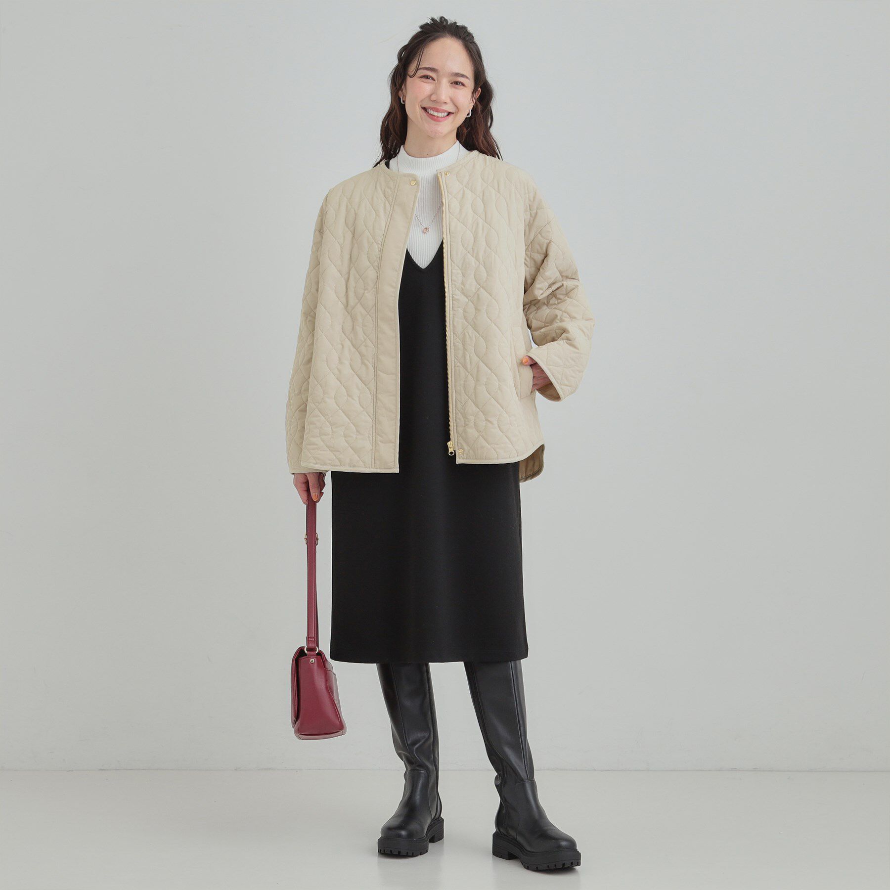 SHOO･LA･RUE「【洗濯機可/S-LL/撥水】ゴールドパーツで上品に 大人が着たい ノーカラーキルトジャケット」|ノーカラージャケット|