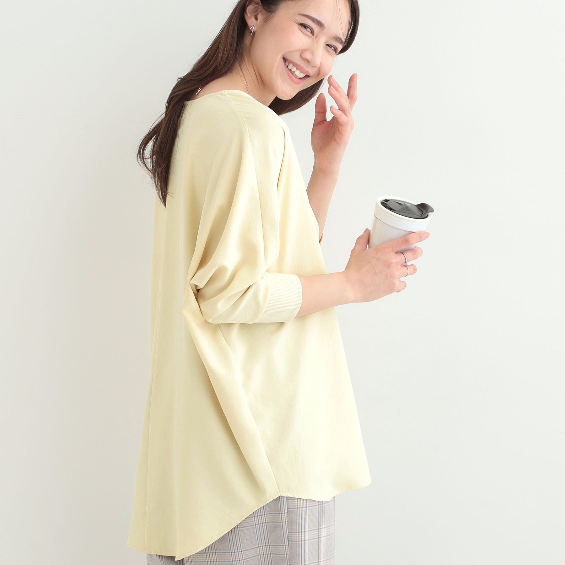 SHOO･LA･RUE「【着丈選べる/体型カバー/洗濯機可】さらさらとろん ドルマンブラウス」|シャツ・ブラウス|ライトイエローロング