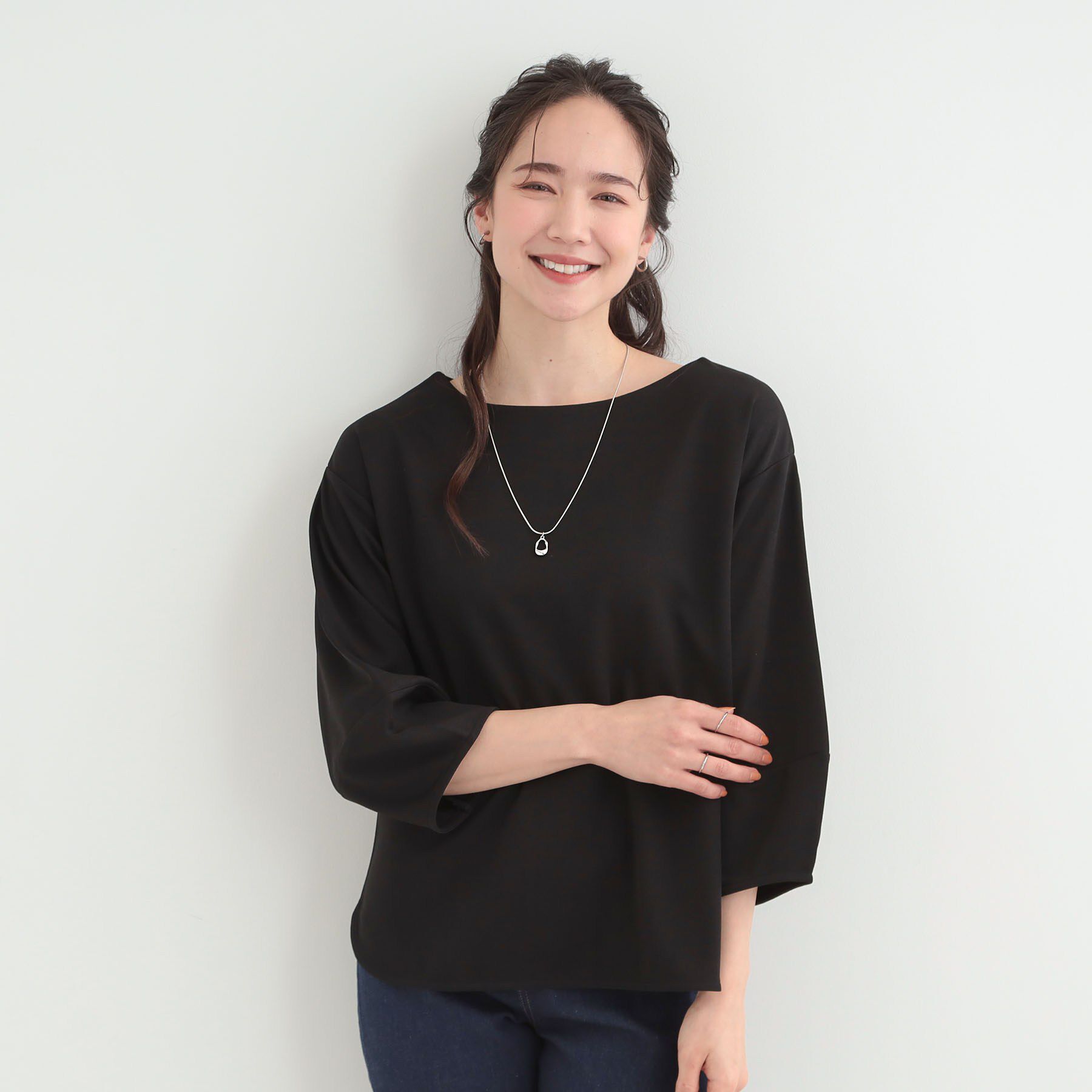 SHOO･LA･RUE「【2点セット/7分袖/S-LL】ランタンスリーブで女性らしい インせず着られる ネックレス付きブラウ」|シャツ・ブラウス|