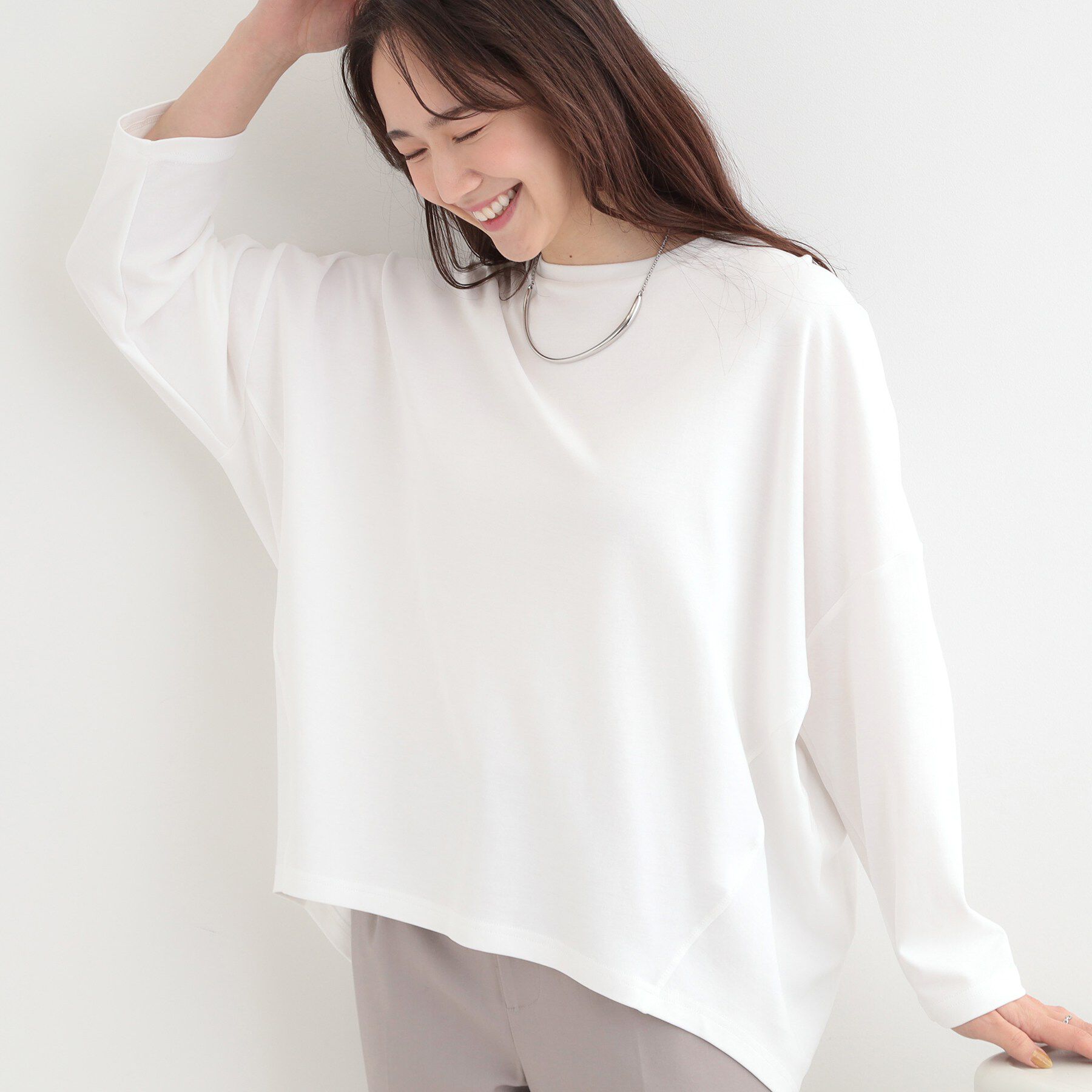 SHOO･LA･RUE「【洗濯機可/UV/綿100％】体型カバーの叶う 七分袖ゆるトップス」|Tシャツ・カットソー|ホワイト(001)