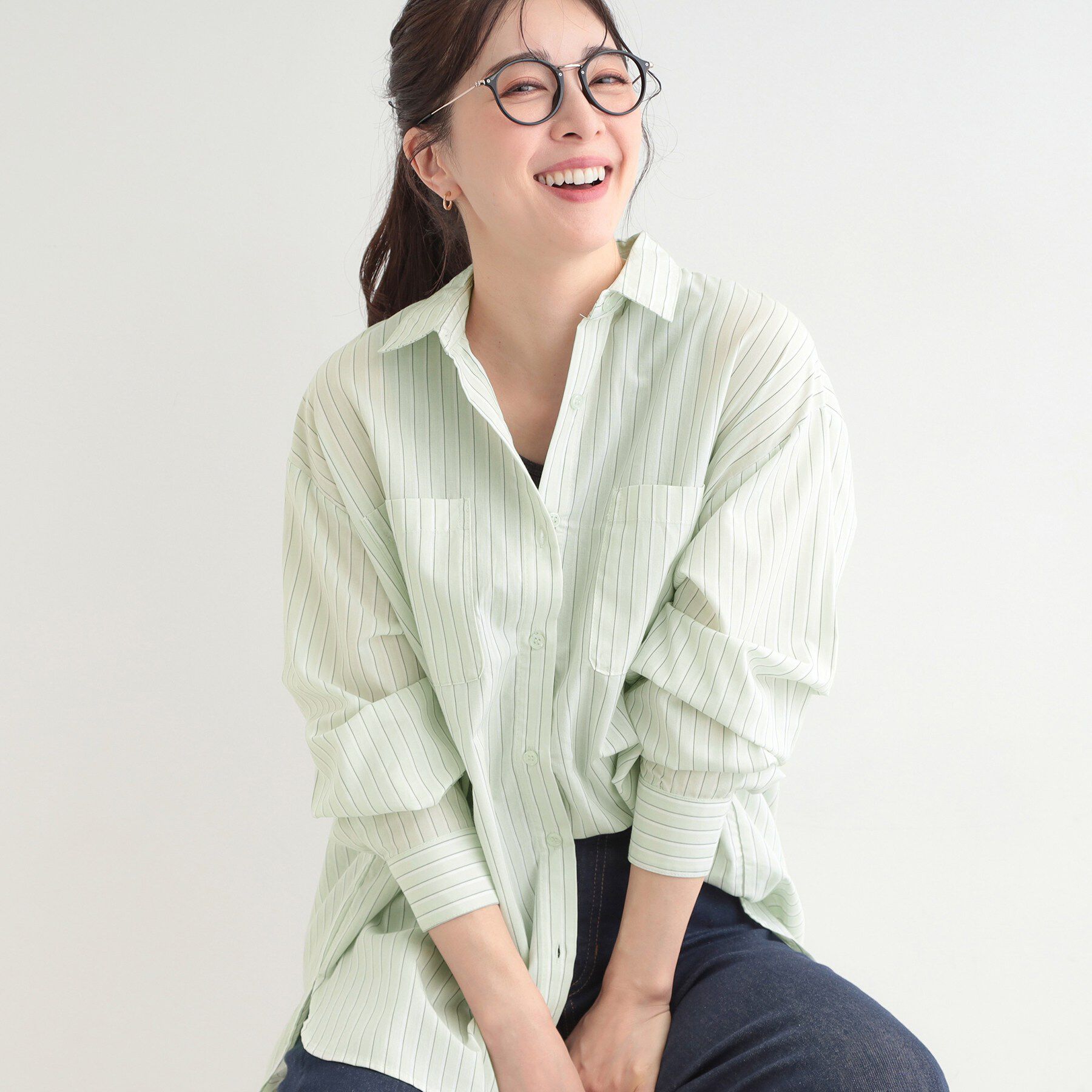 SHOO･LA･RUE「【体型カバー】バックギャザーで魅せる オーバーサイズシャツ」|シャツ・ブラウス|ミントグリーン(32