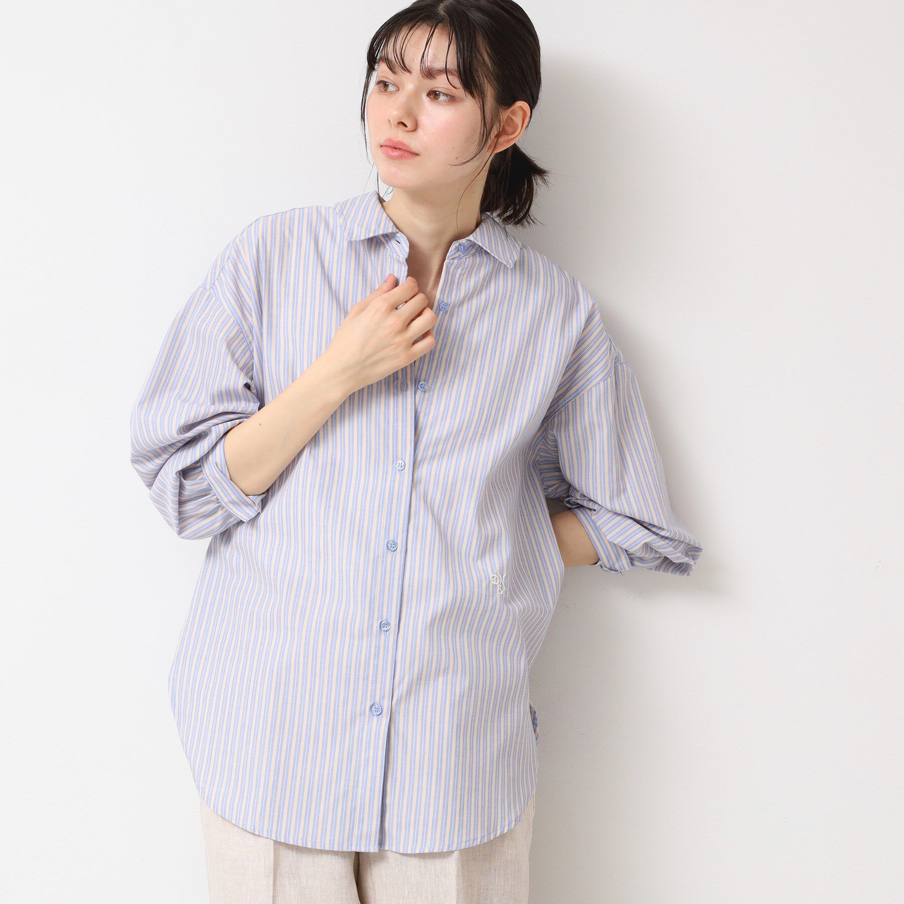 Dessin「【洗える】ロゴ刺繍入りストライプオーバーシャツ」|シャツ・ブラウス|マスタード(333)