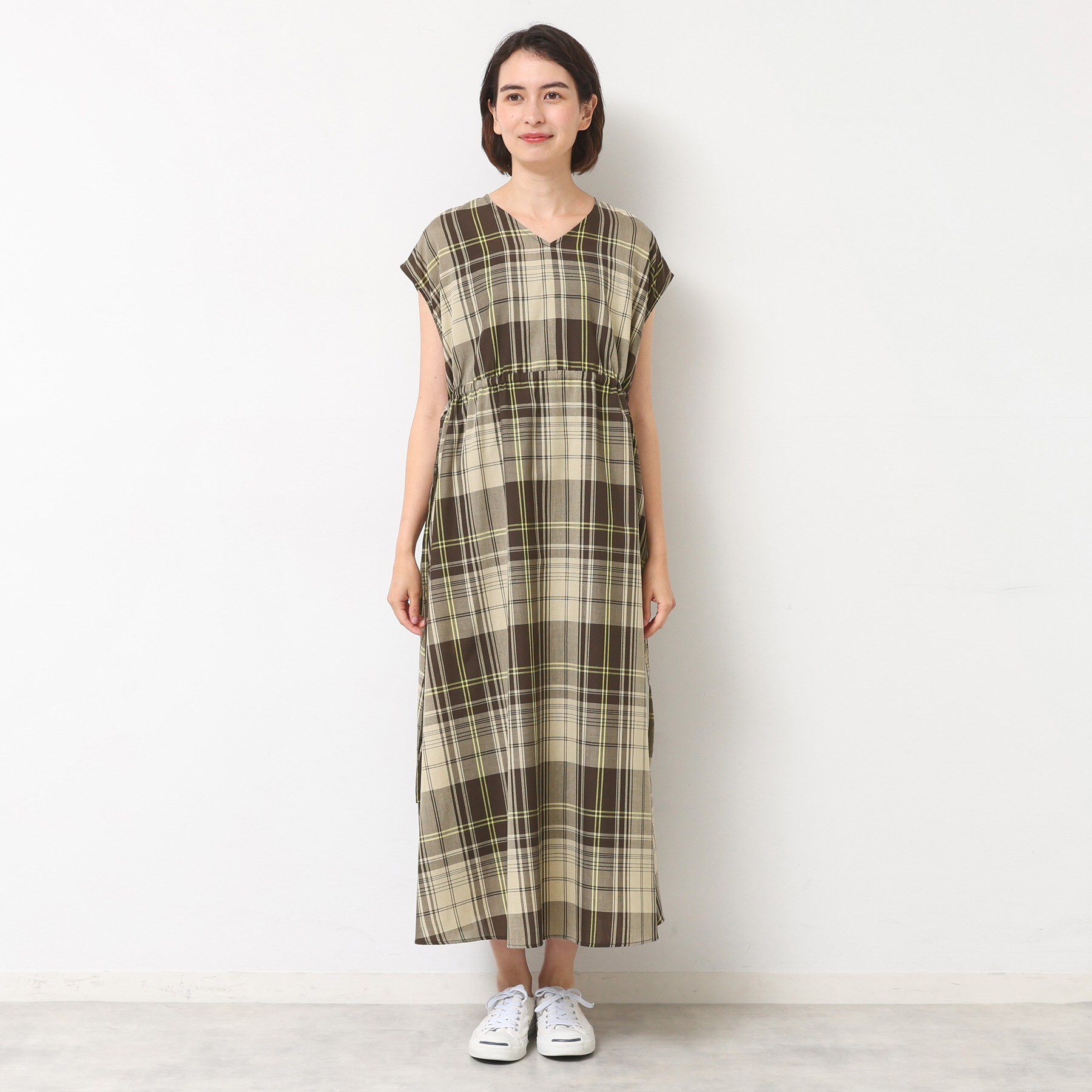 Dessin「【リンクコーデ・洗える】ウエストドロスト付きチェック柄ワンピース」|ワンピース|