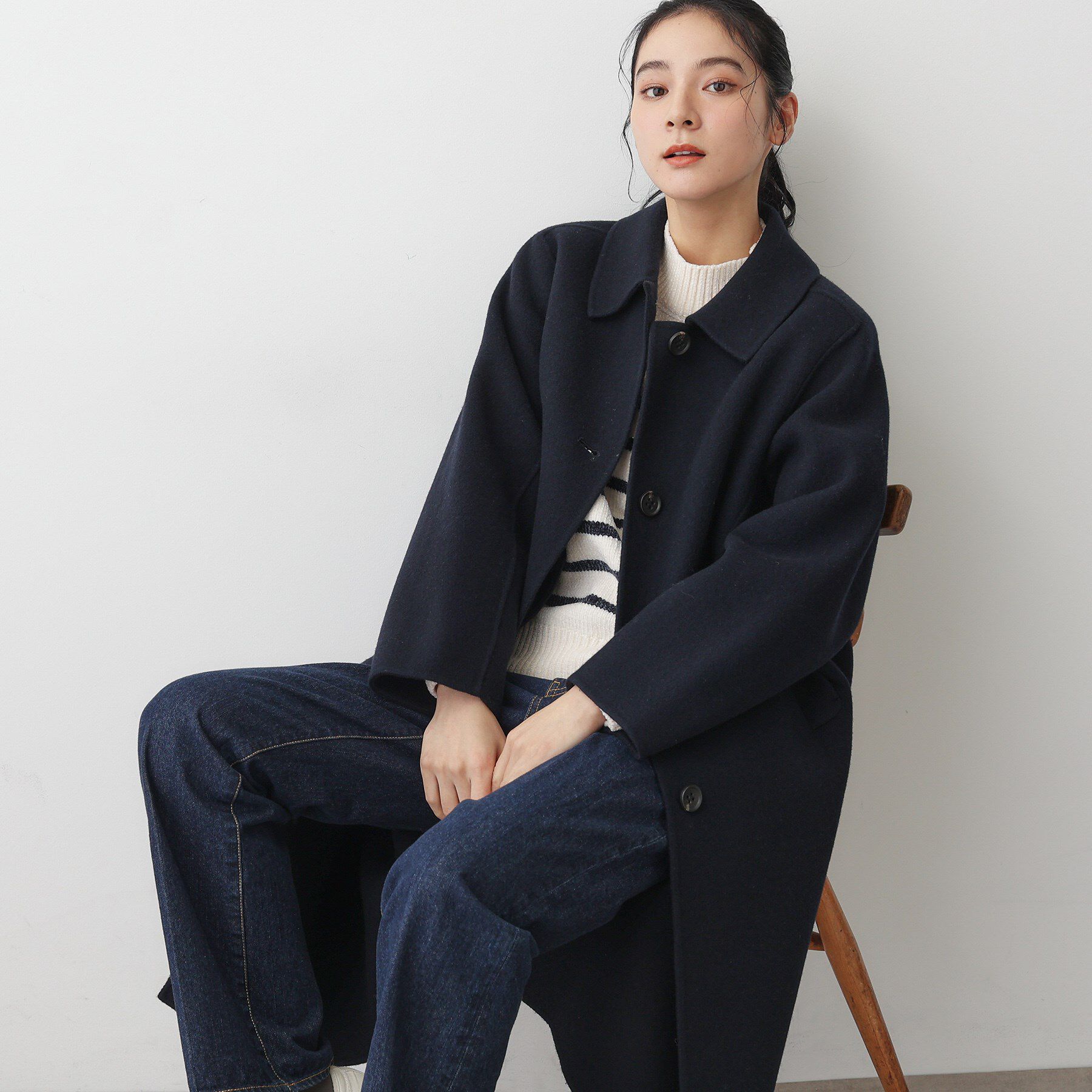 Dessin「【洗える】ウール混リバーメルトンロングコート」|ステンカラーコート|ネイビー(094)