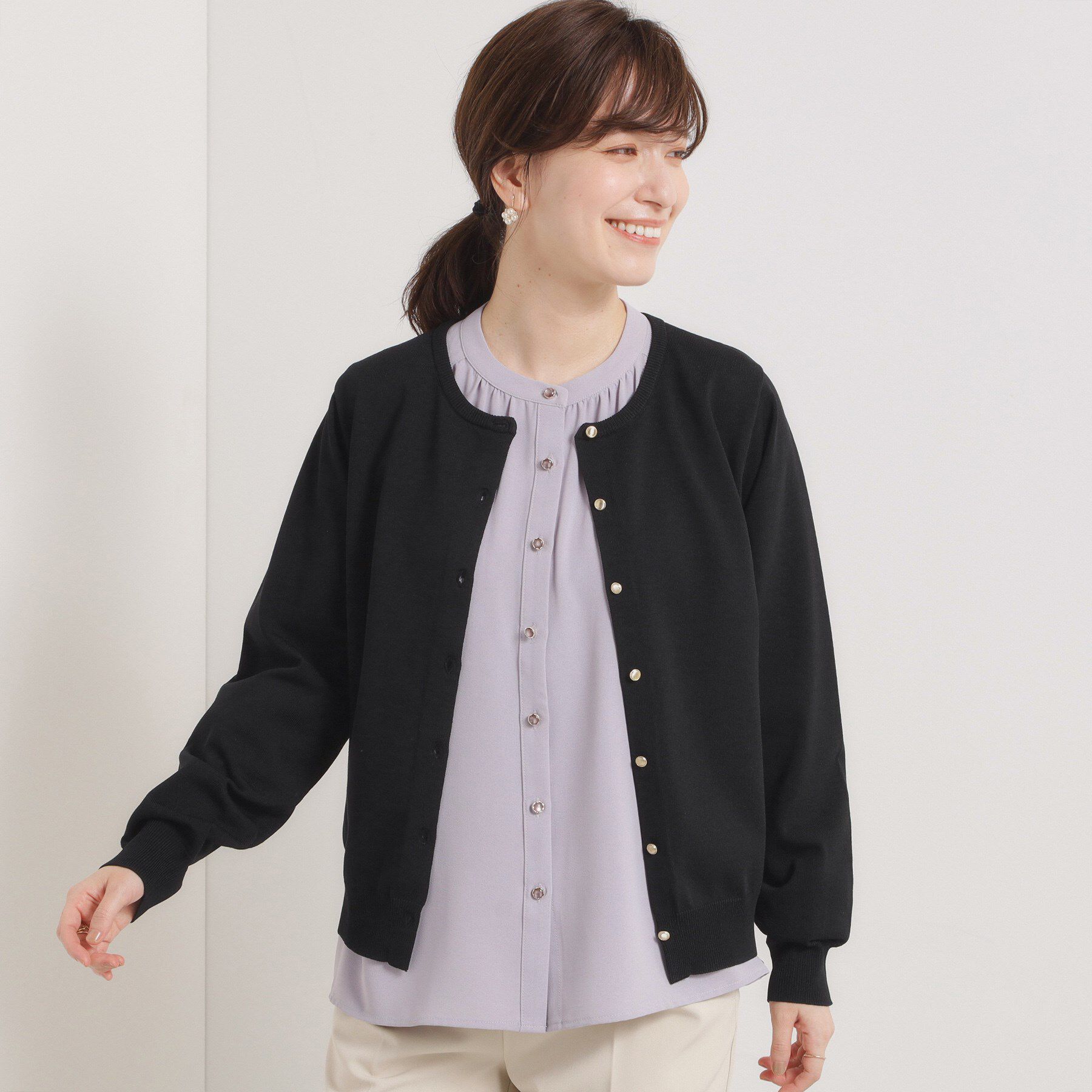 ITS&rsquo;DEMO「【縮みに強い／洗濯機OK】クルーニットカーディガン」|カーディガン|ブラック(019)