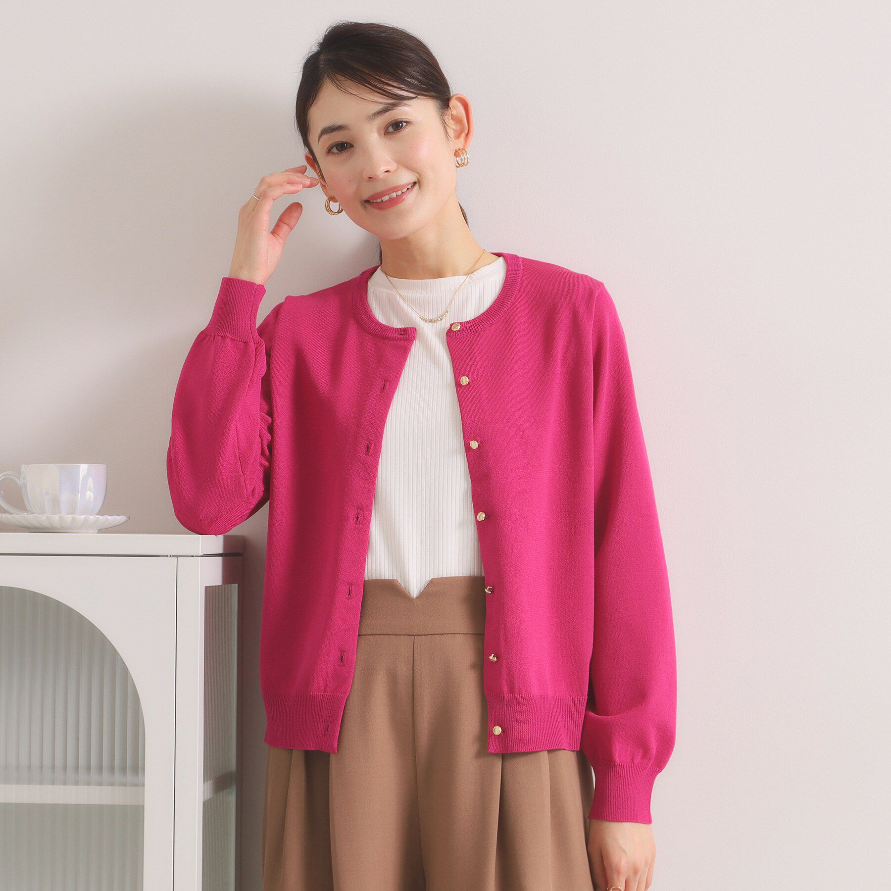 ITS&rsquo;DEMO「【縮みに強い／毛玉防止／洗濯機OK】タフニットクルーカーディガン」|カーディガン|ピンク(072)