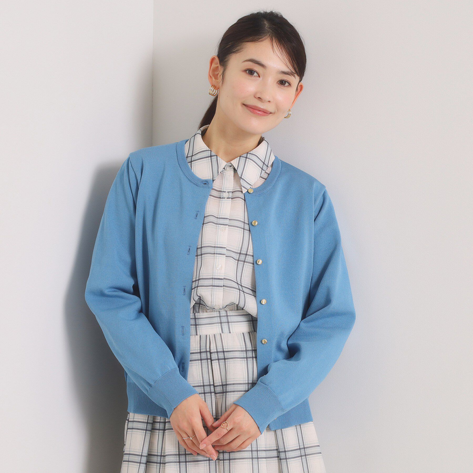 ITS&rsquo;DEMO「【縮みに強い／毛玉防止／洗濯機OK】タフニットクルーカーディガン」|カーディガン|ブルー(092)