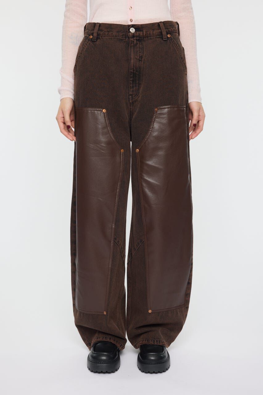 MOUSSY「F/LEATHER DOUBLE KNEE パンツ」|デニム|BRN