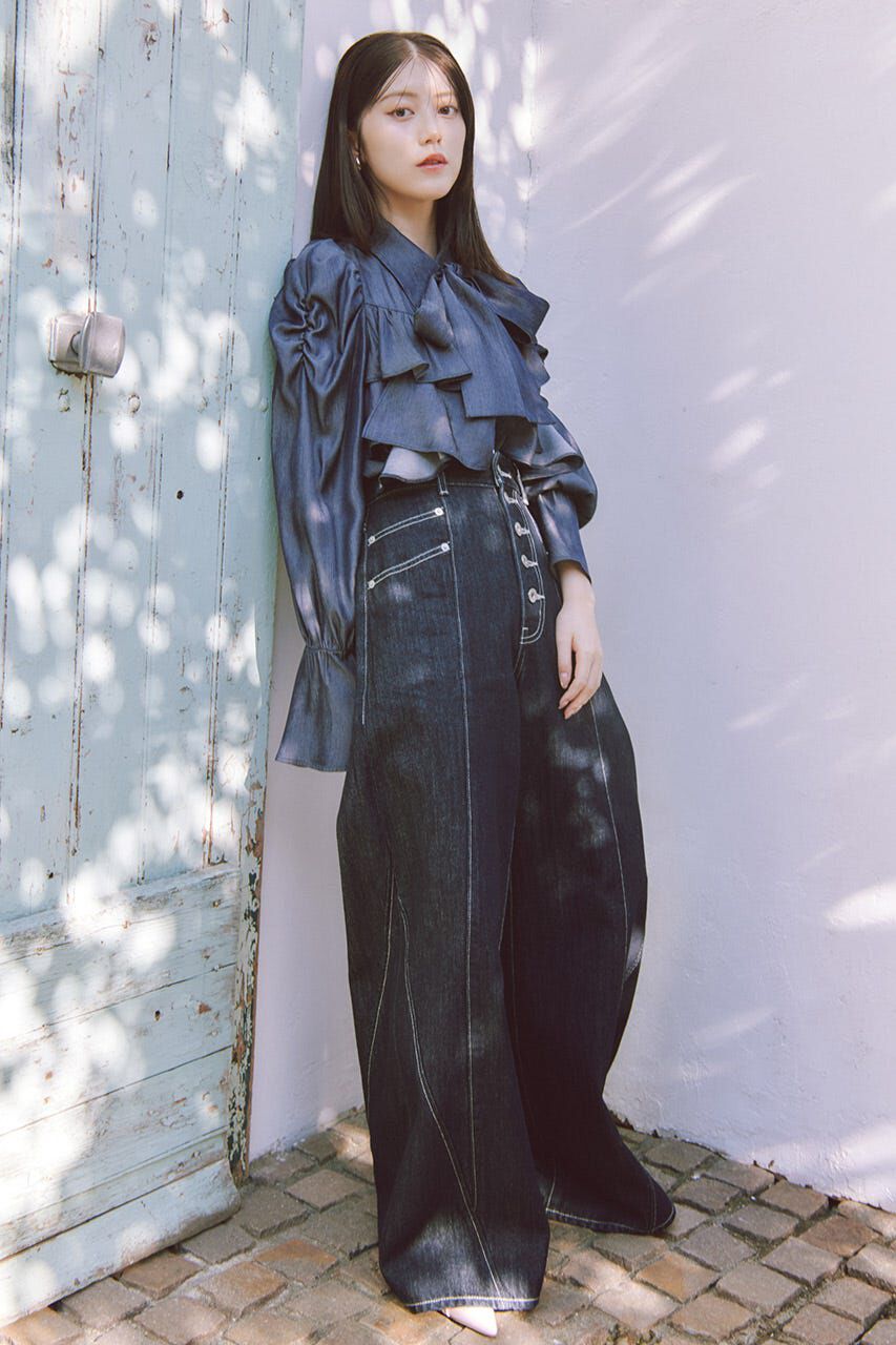 rienda「フロントボタンデザインハイウエストデニムパンツ」|デニム|D/BLU3