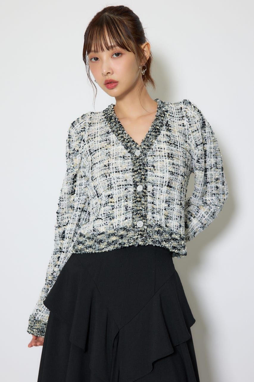 rienda「ツイードニットカーディガントップス」|ニット・セーター|BLK