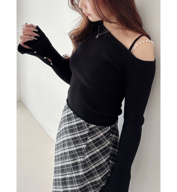 MERCURYDUO「アシメパールチェーンワンショルニット」|ニット・セーター|