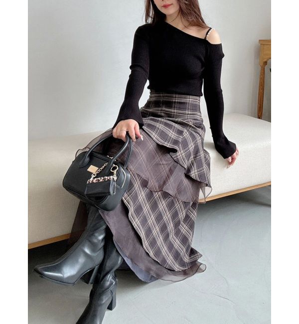 MERCURYDUO「アシメパールチェーンワンショルニット」|ニット・セーター|