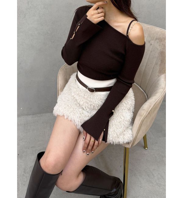 MERCURYDUO「アシメパールチェーンワンショルニット」|ニット・セーター|