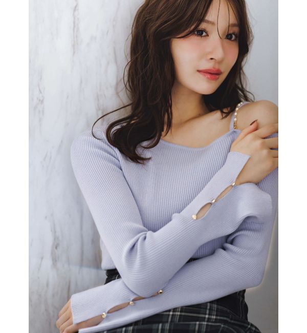 MERCURYDUO「アシメパールチェーンワンショルニット」|ニット・セーター|ブルー