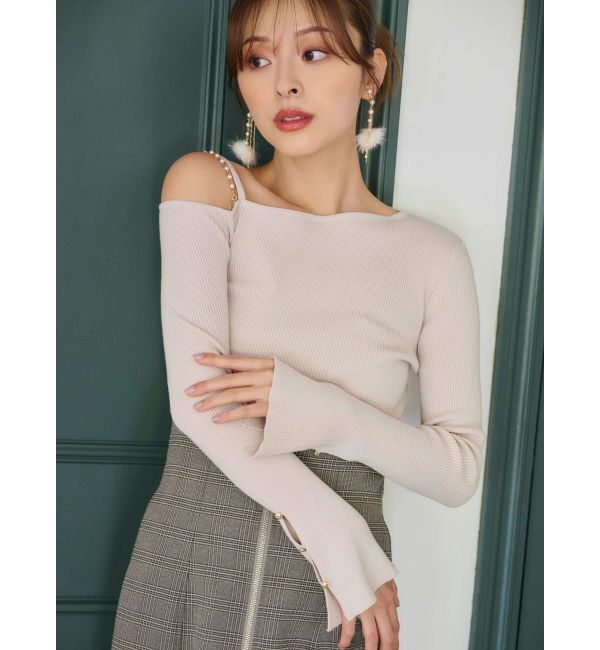 MERCURYDUO「アシメパールチェーンワンショルニット」|ニット・セーター|ベージュ