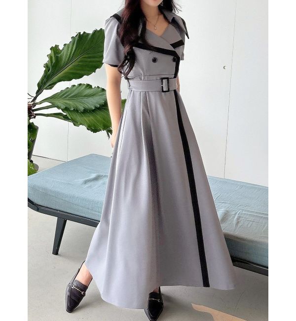 MERCURYDUO「バイカラーハーフスリーブトレンチフレアワンピース」|ワンピース|グレー