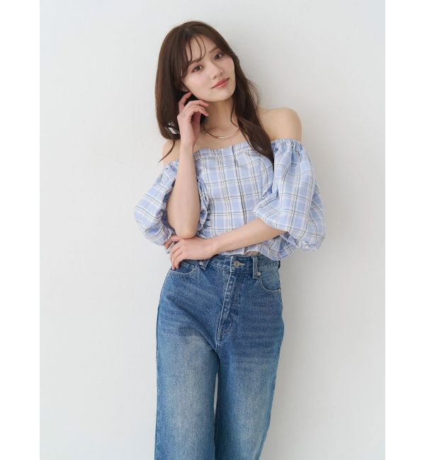 MERCURYDUO「2WAYチェックオフショルベアブラウス」|シャツ・ブラウス|ブルー
