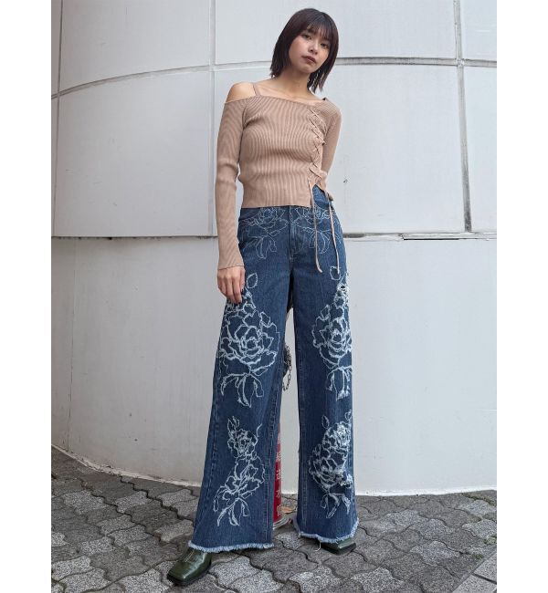 MURUA「ダメージフラワーワイドデニム」|デニム|