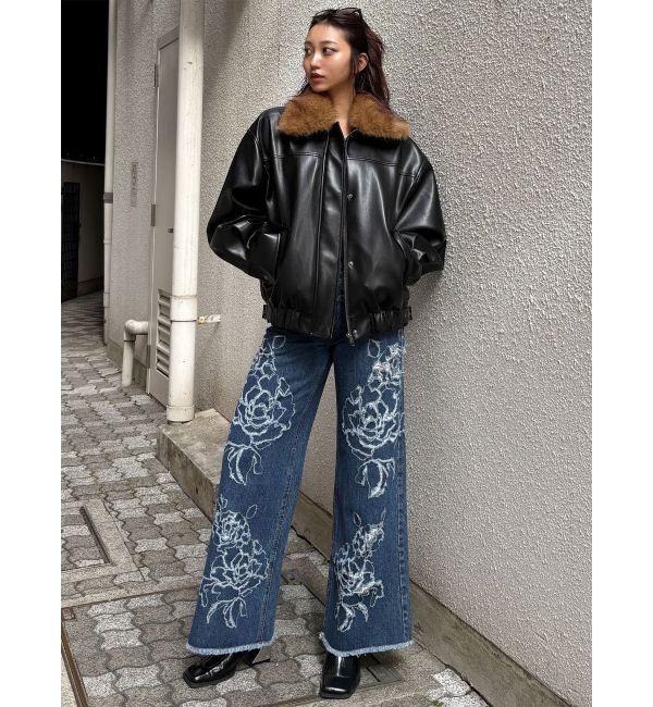 MURUA「ダメージフラワーワイドデニム」|デニム|