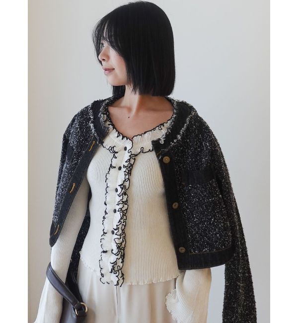 LAGUNAMOON「ツイードライクノーカラーデニムジャケット」|デニムジャケット|