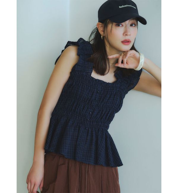 LAGUNAMOON「シアーチェックシャーリングブラウス」|シャツ・ブラウス|ネイビー