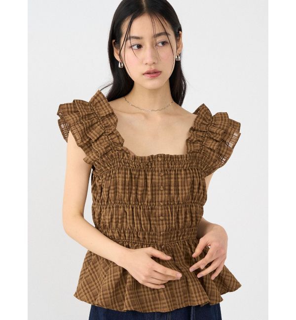 LAGUNAMOON「シアーチェックシャーリングブラウス」|シャツ・ブラウス|ブラウン