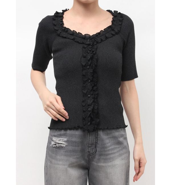 LAGUNAMOON「リブフリルハーフスリーブカーデニットプルオーバー」|カーディガン|