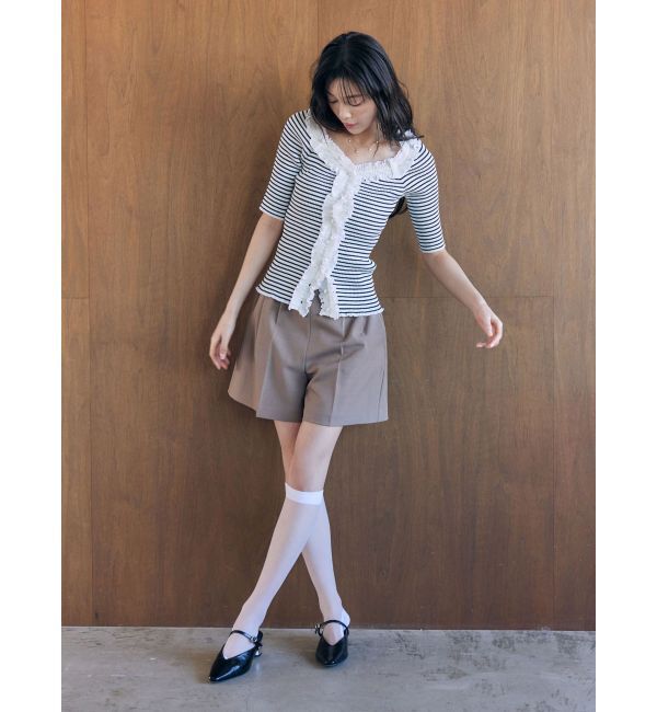 LAGUNAMOON「リブフリルハーフスリーブカーデニットプルオーバー」|カーディガン|