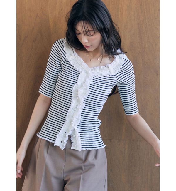 LAGUNAMOON「リブフリルハーフスリーブカーデニットプルオーバー」|カーディガン|ミックス