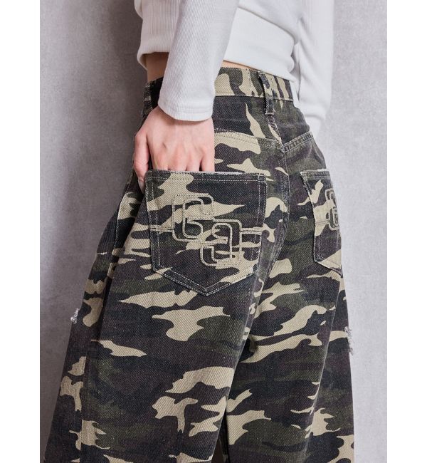 GYDA「ハイウエストGG Stitch Barrel Leg ダメージデニムパンツ」|デニム|