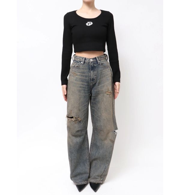 GYDA「ハイウエストGG Stitch Barrel Leg ダメージデニムパンツ」|デニム|