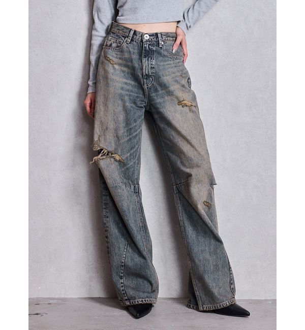 GYDA「ハイウエストGG Stitch Barrel Leg ダメージデニムパンツ」|デニム|インディゴ