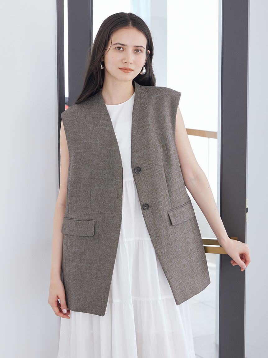 Mila Owen「共ベルト付きオーバーサイズノーカラーベスト」|ダウンベスト・ベスト|