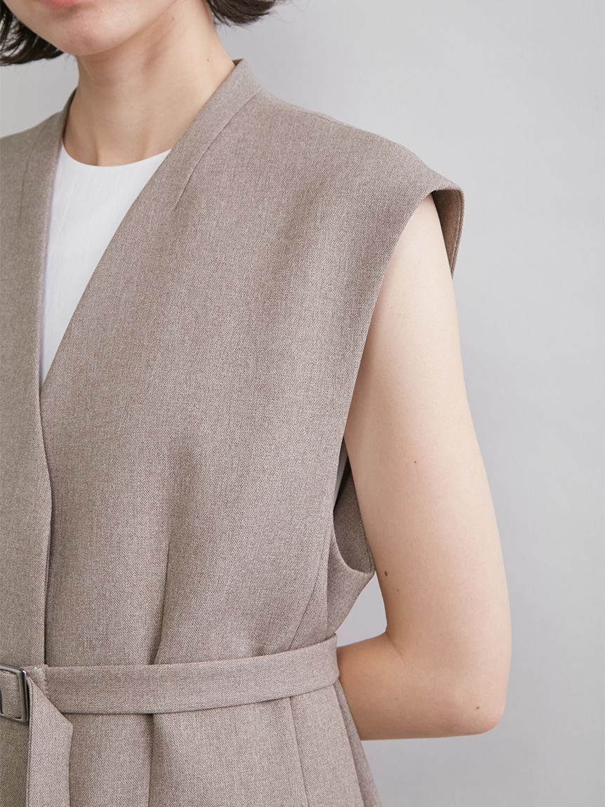 Mila Owen「共ベルト付きオーバーサイズノーカラーベスト」|ダウンベスト・ベスト|