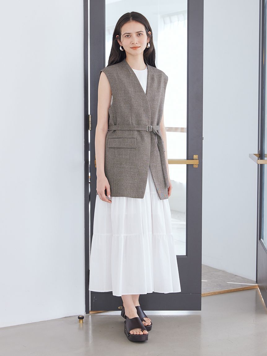 Mila Owen「共ベルト付きオーバーサイズノーカラーベスト」|ダウンベスト・ベスト|