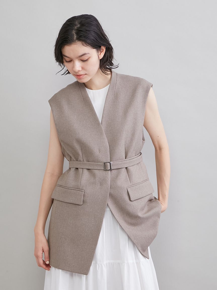Mila Owen「共ベルト付きオーバーサイズノーカラーベスト」|ダウンベスト・ベスト|