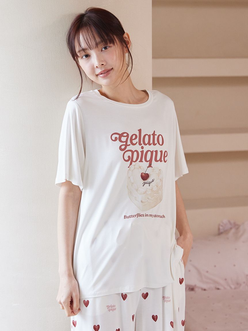 gelato pique「【ONLINE限定】【接触冷感】ケーキワンポイントTシャツ&ハート柄ショートパンツセット」|ルームウェア|