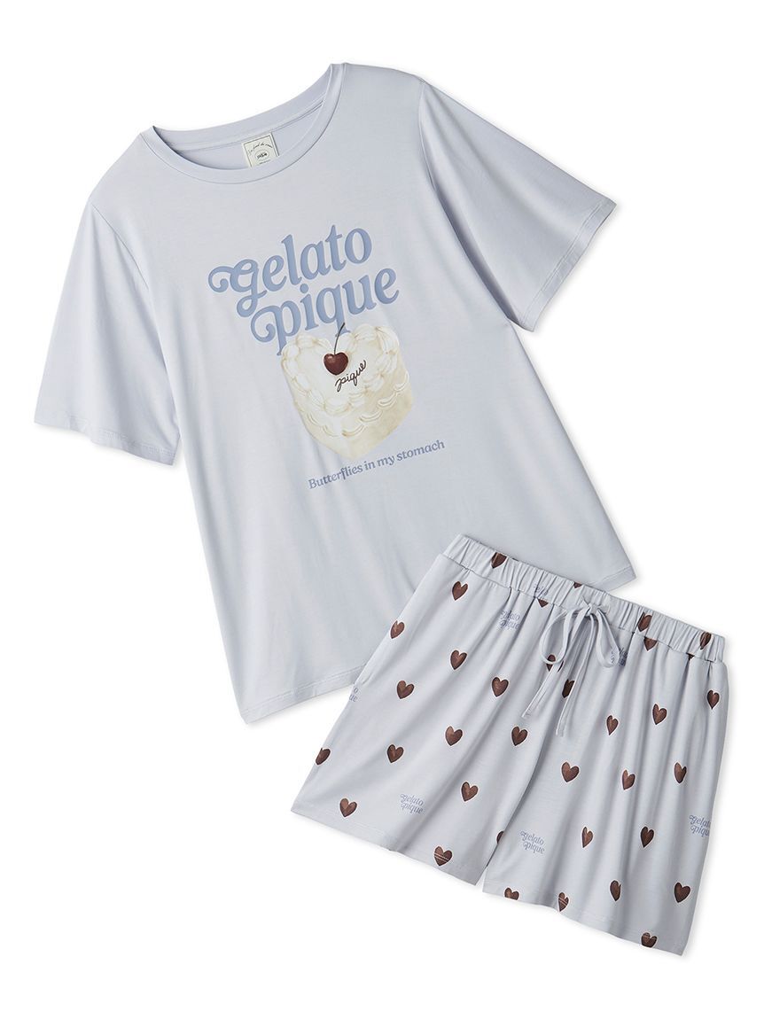 gelato pique「【ONLINE限定】【接触冷感】ケーキワンポイントTシャツ&ハート柄ショートパンツセット」|ルームウェア|BLU