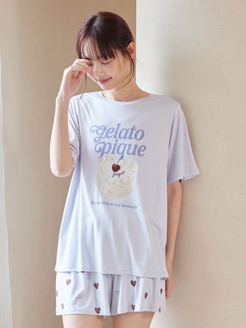 gelato pique「【ONLINE限定】【接触冷感】ケーキワンポイントTシャツ&ハート柄ロングパンツセット」|ルームウェア|