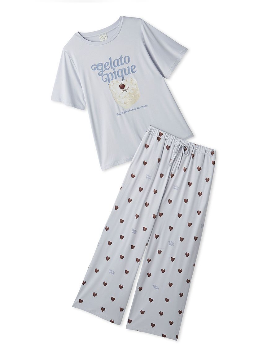 gelato pique「【ONLINE限定】【接触冷感】ケーキワンポイントTシャツ&ハート柄ロングパンツセット」|ルームウェア|BLU