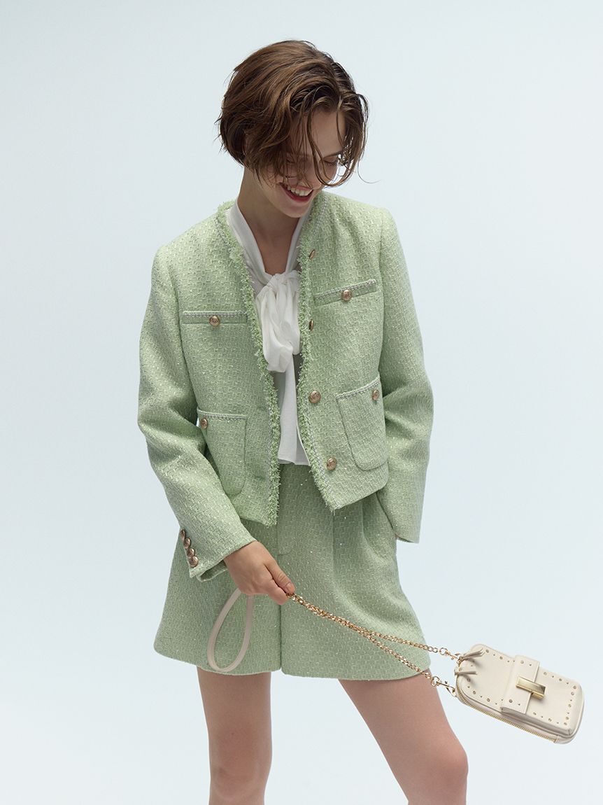 CELFORD「フリンジツイードジャケット」|ノーカラージャケット|