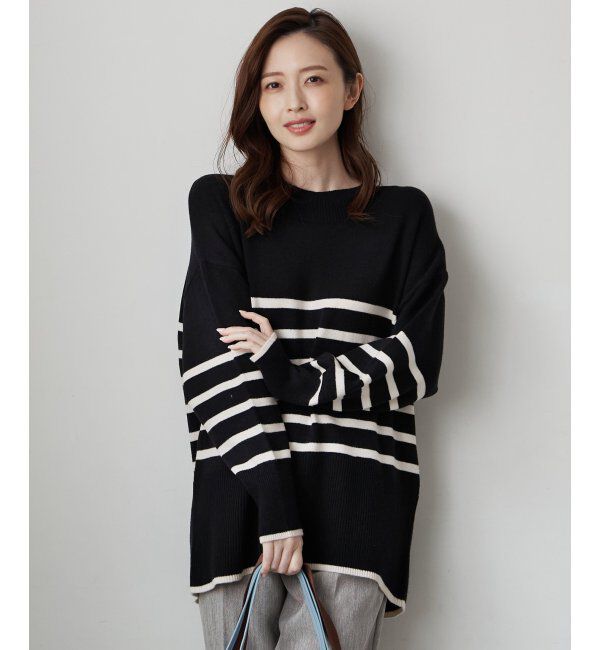 ikka「バックスリットボーダーニットプルオーバー」|ニット・セーター|ブラック