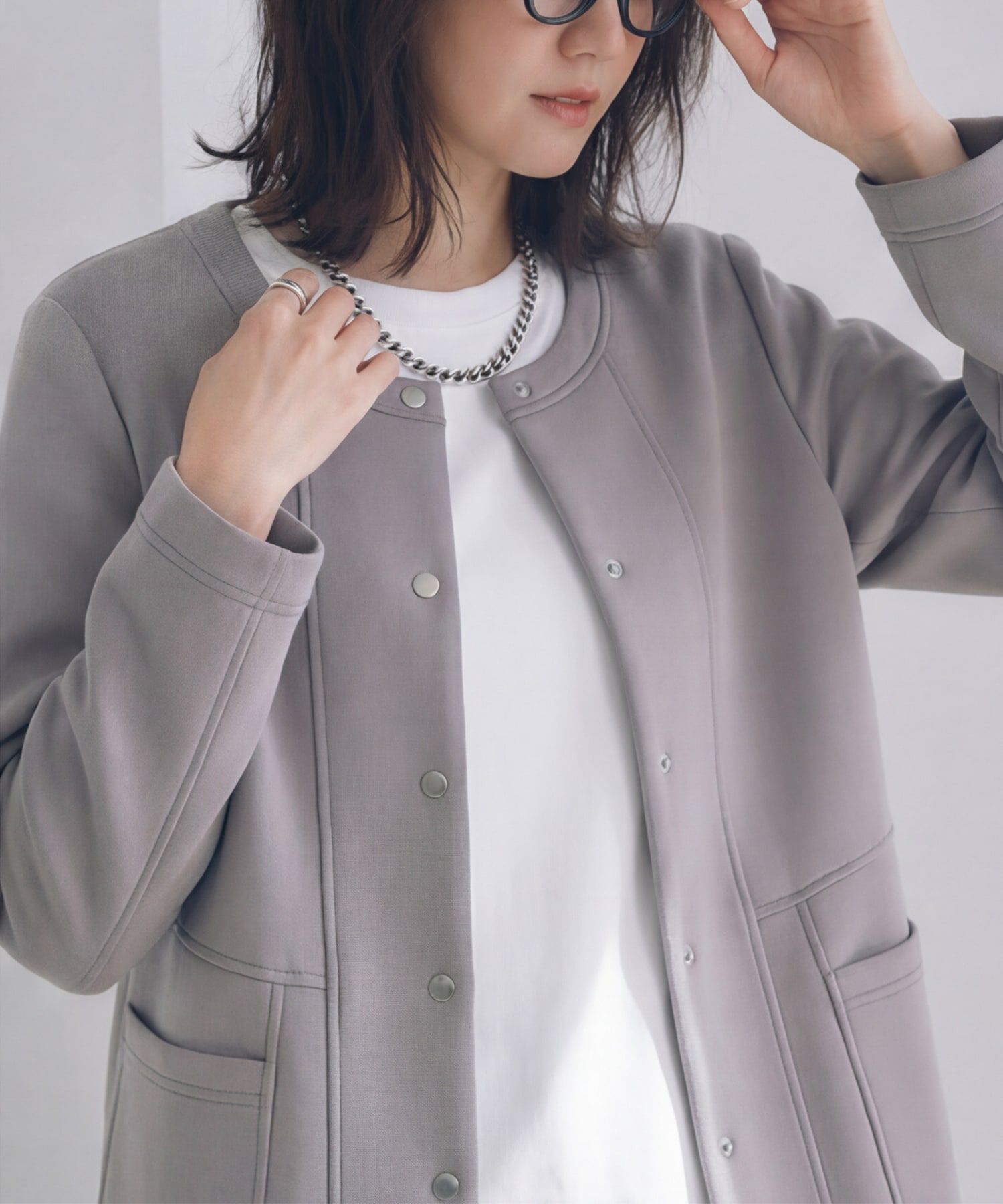 STYLE DELI「【Made in JAPAN】ダンボールスナップボタンジャケット」|ノーカラージャケット|